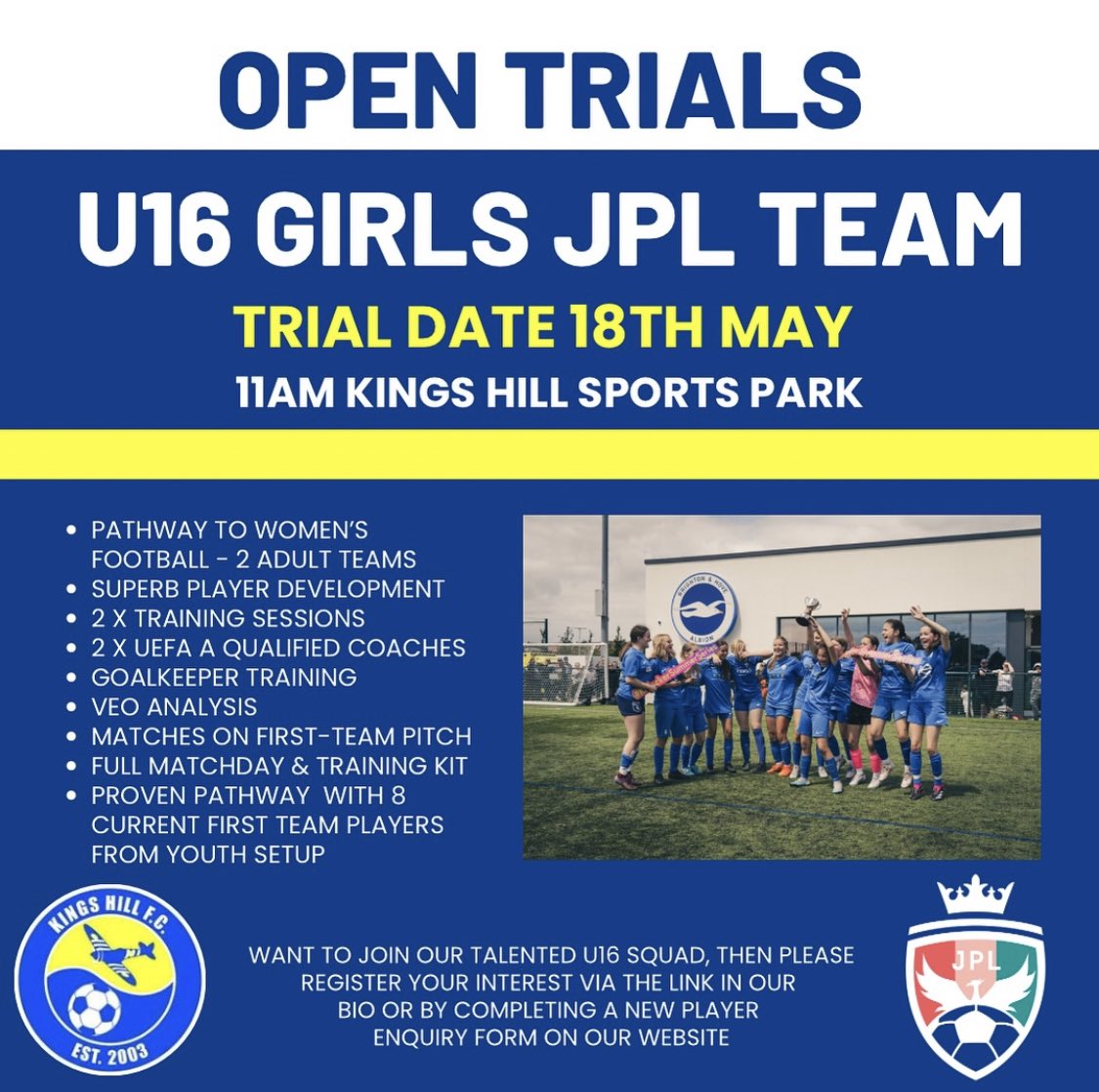 Looking for a new challenge? Our U18 JPL Girls side are holding trials to join an already talented squad as they come off the back of a very strong 23/24 Campaign! Trials will be held alongside our U16 JPL Girls trials, so if you are U16 then be sure to come along as well!