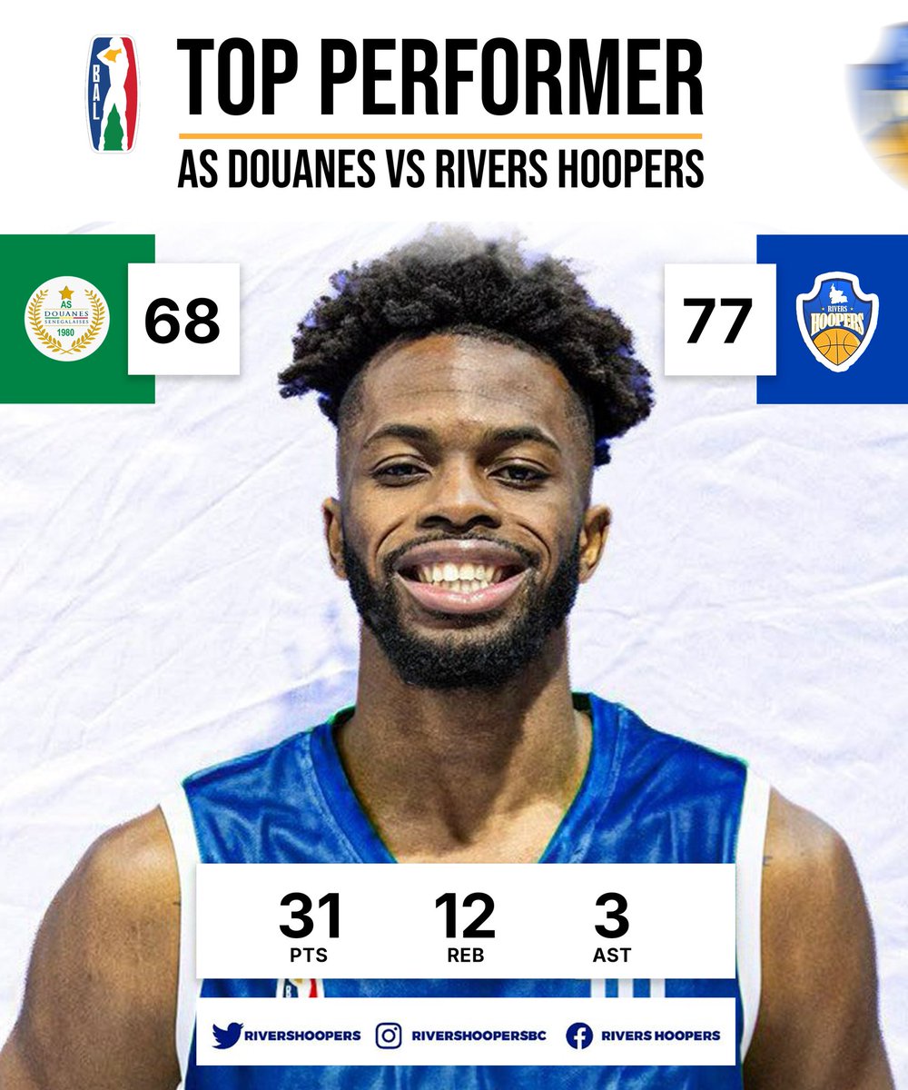 Devine Eke vs @asdouanesbasket 31 PTS, 12 REB, 3 AST, 2 STL, 10-13 FG , 1-4 3P, 11-13 FTM - Led game in PTS and rebounds. - Most points in a BAL game for Hoopers (surpassing Chris Daniels' 25 points) - Highest PTS total in a BAL debut for Rivers Hoopers - Most PTS in a game