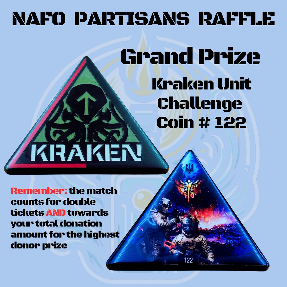 🏆 🪙 Grand Prize: Kraken Unit Challenge Coin # 122 This coin was masterfully made by the @ MontayBayBay Coin Team to support the unit and now it will support Ukraine again. 🔹$5 per ticket 🔸PayPal: nafopartisans@proton.me 🛎️Screenshot donation or DM @wendehopes or