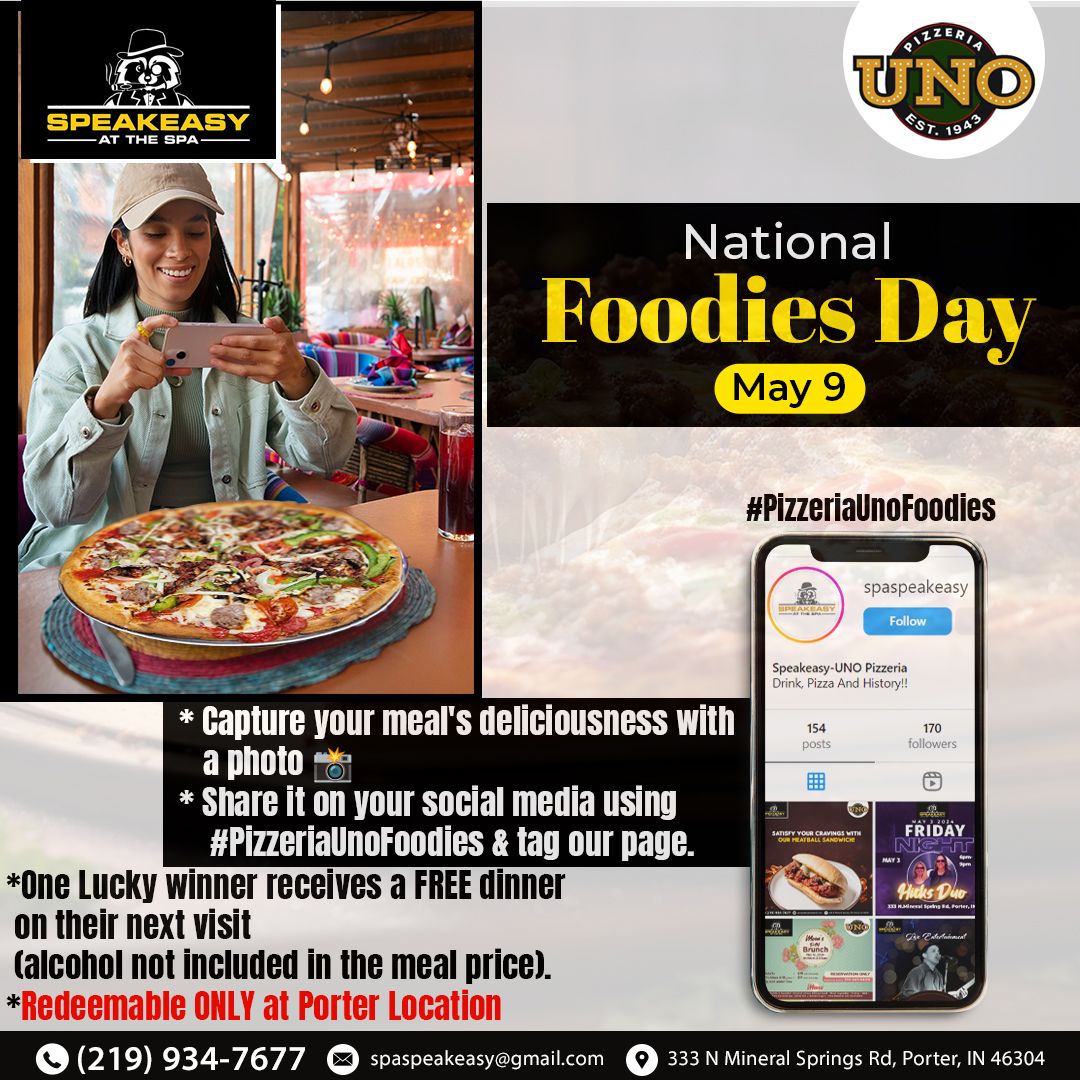 🍕 Celebrate National Foodies Day with us at #SpeakeasyattheSpa! Take a pic of your delicious meal, share it using #PizzeriaUnoFoodies, and you could win a FREE dinner on us! Our staff will choose the best pic on the 10th. 

#NationalFoodiesDay #PizzeriaUnoFoodies #FreeDinner