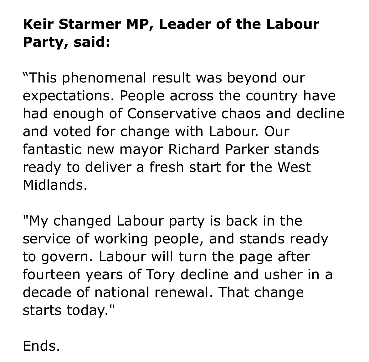 Statement from @Keir_Starmer after Richard Parker’s win in #WestMidlandsMayor race: “This phenomenal result was beyond our expectations… 'My changed Labour party is back in the service of working people, and stands ready to govern.”