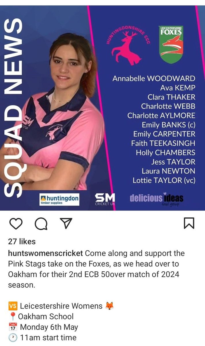 HuntingdonshireCountyCricketClub (@huntsccc) on Twitter photo Good luck to our ladies in their 2nd ECB 50 over match <a href="/ECB_cricket/">England and Wales Cricket Board</a> <a href="/leicsccc/">Leicestershire Foxes🦊</a> if you can make it along to support please do. Good luck to our ladies in their 2nd ECB 50 over match <a href="/ECB_cricket/">England and Wales Cricket Board</a> <a href="/leicsccc/">Leicestershire Foxes🦊</a> if you can make it along to support please do.