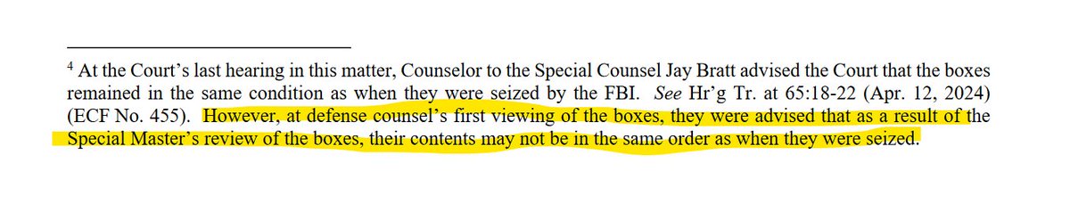 This seems like a dumb error, not an effort to mislead, given that defense lawyers in one of their own filings acknowledge that the govt advised them *one month before this hearing* that the order of the documents may have shifted b/c of the special master's review of the boxes.