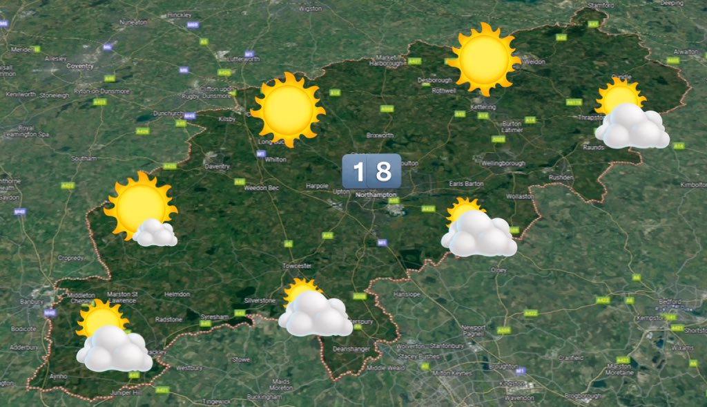 Good evening Northants. Dry tonight. 6°C. A sunny start to Sunday (once any patchy mist clears) before clouds develop to give warm sunny spells & a small risk of a afternoon shower. A gentle breeze. 18°C. Cloud, showers & some sunny spells on Bank Holiday Monday. 17°C.