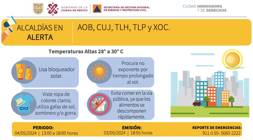 #CDMX 🔴 | #AlertaAmarilla por temperaturas de 28° a 30° C de 13:00 a 18:00 horas en: 🟡 #ÁlvaroObregón, #Cuajimalpa, #Tláhuac, #Tlalpan y #Xochimilco. 🌞⚠️ 🤳 @SGIRPC_CDMX | #87Punto3 📻🚩