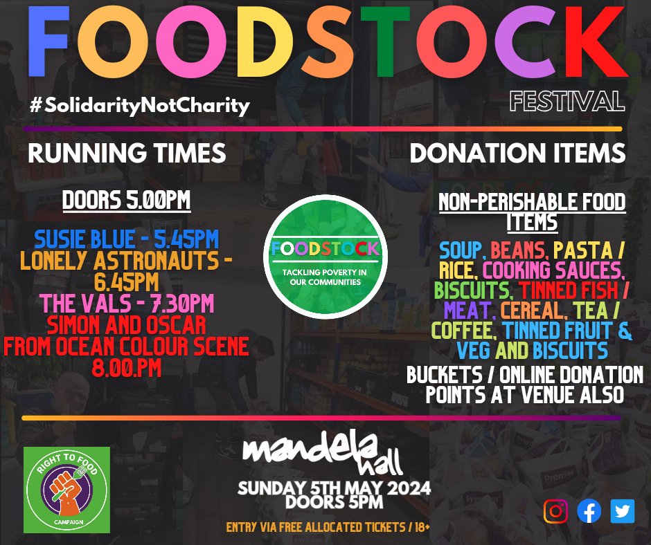 Some info for our @Foodstock__ Festival on Sunday night at Mandela Hall Belfast. Seats are unreserved - make sure to get down early and enjoy our fantastic line-up. #RightToFood