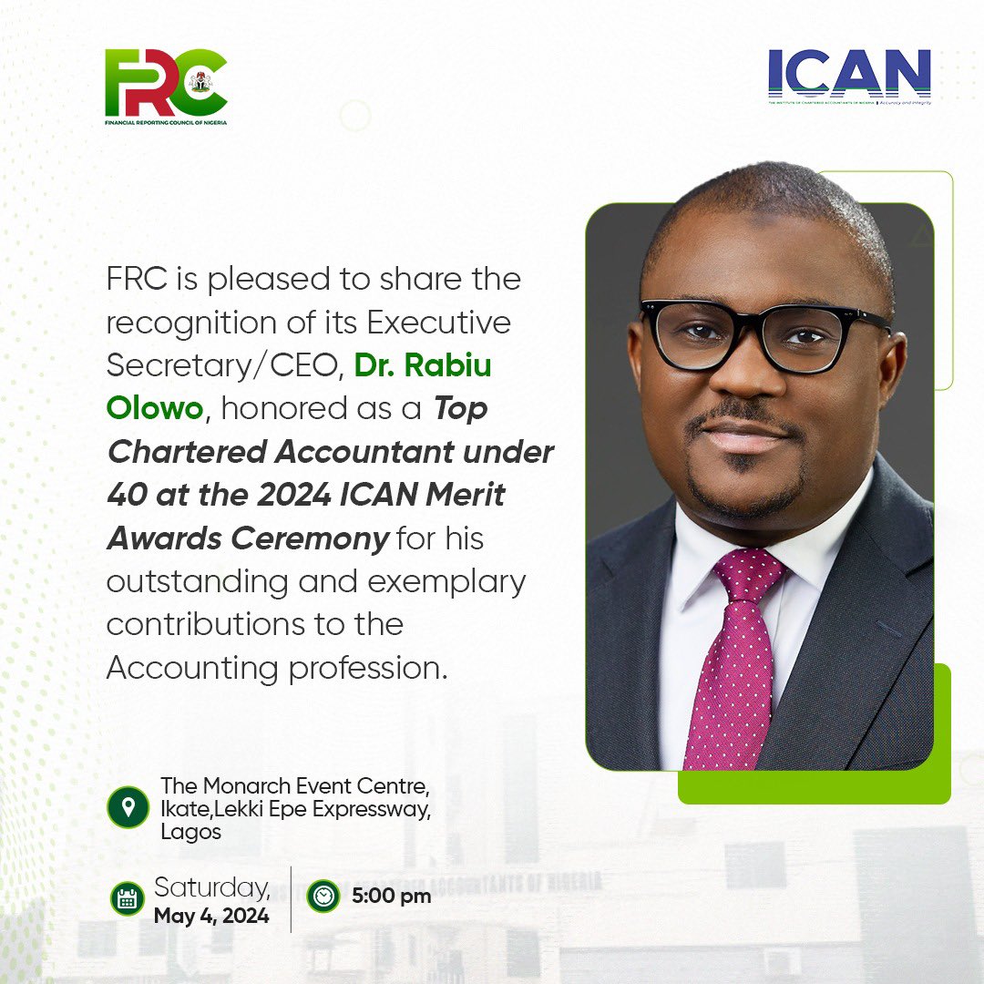 We are pleased to announce that our Executive Secretary/CEO, Dr. Rabiu Olowo, has been recognized as a Top Chartered Accountant under 40 at the 2024 ICAN Merit Awards Ceremony for his outstanding contributions to the Accounting profession.