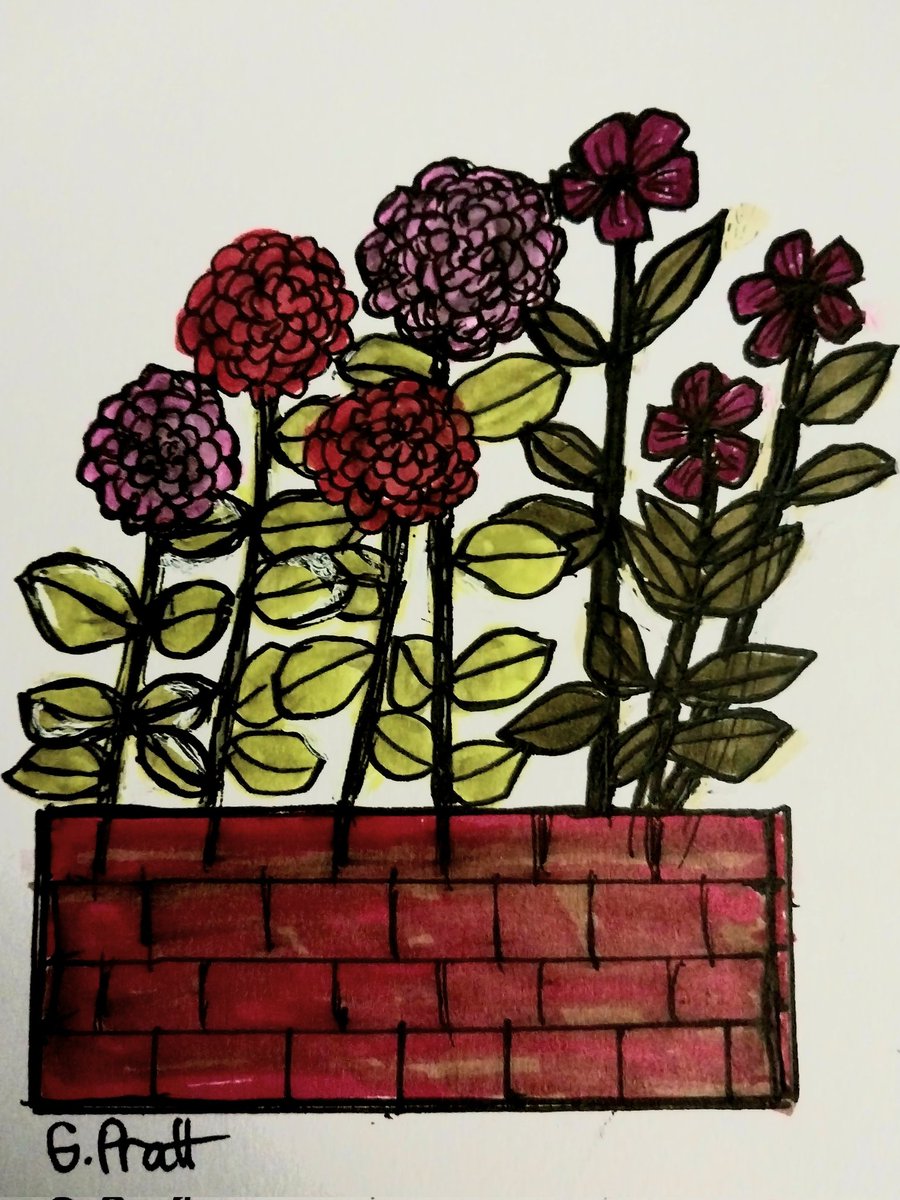 A brick planter and flowers. Markers and ink.