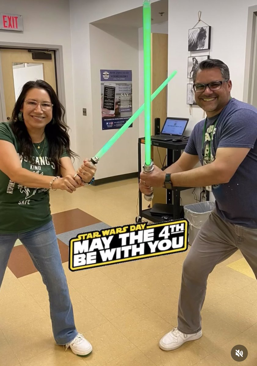 May the 4th be with you! Mrs. Castorena and Mr. McClung are Jedi ready. #May4thBeWithYou #MissionMustangs #ThisIsRUSD @RedlandsUSD
