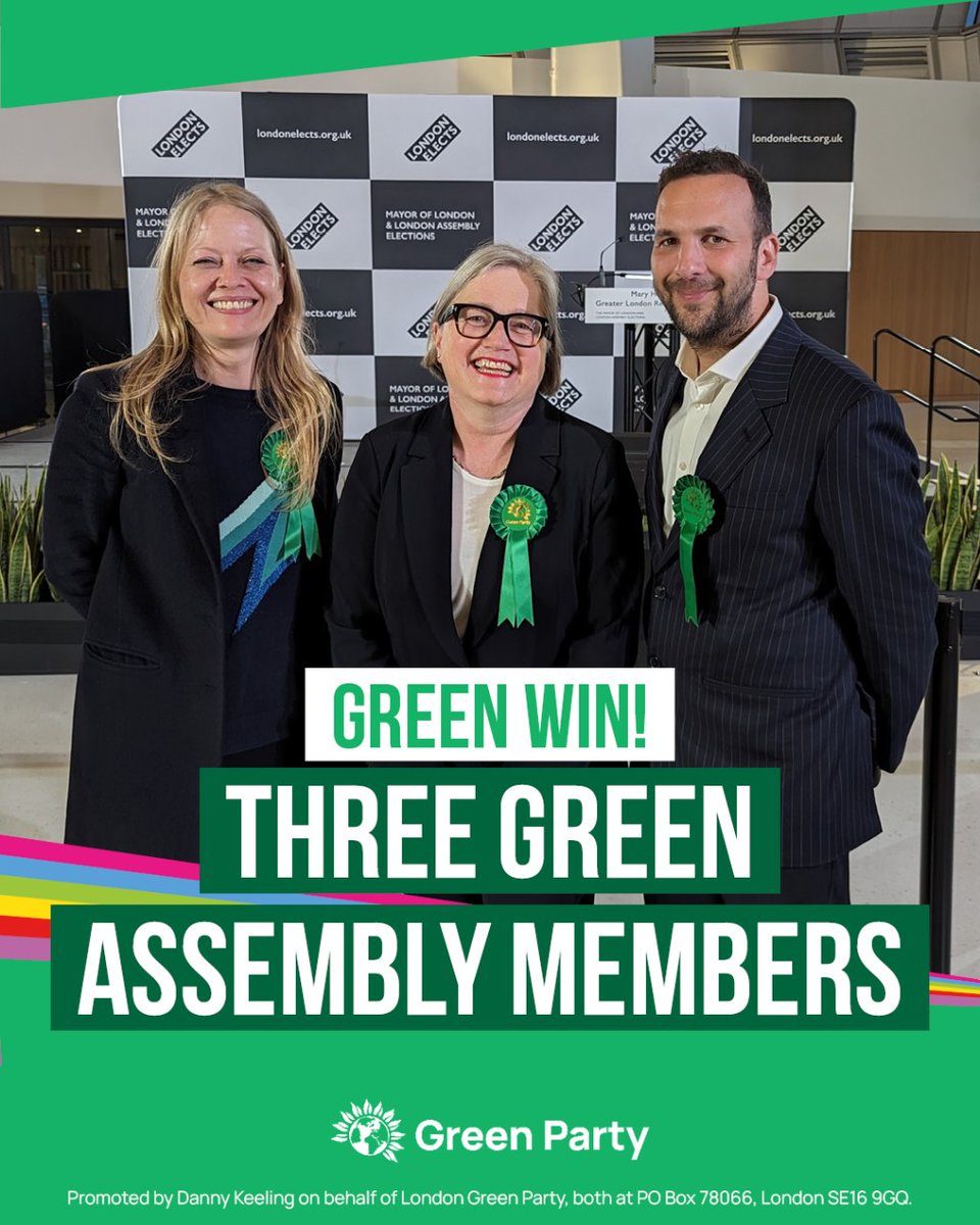 🎉 Congratulations to @SianBerry, @CarolineRussell and @ZackPolanski - our three @TheGreenParty #London Assembly Members #GreenWin | #GetGreensElected | #LondonElections2024