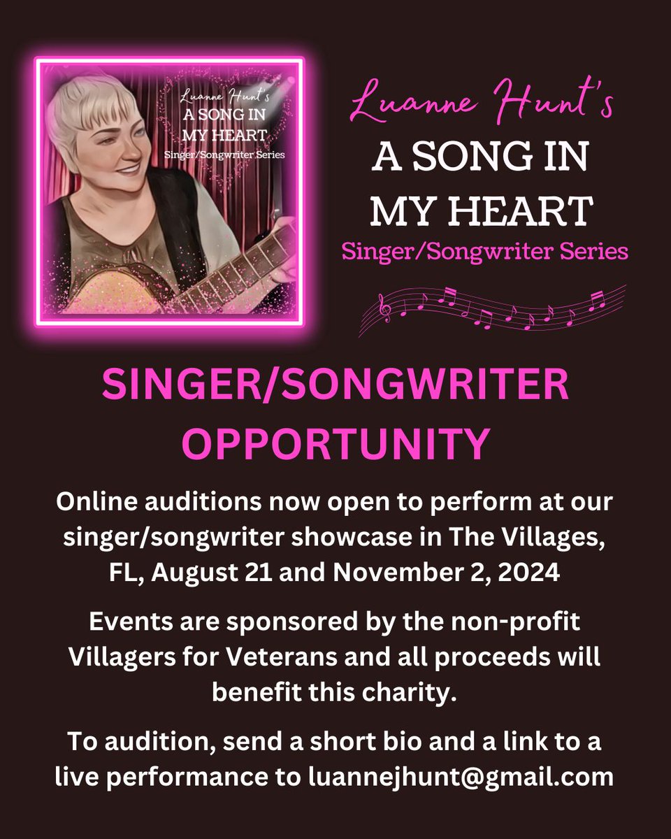 Introducing Luanne Hunt’s “With A Song In My Heart” Singer/Songwriter Series in The Villages, FL buff.ly/3QuTnpw #musicnews #withasonginmyheartsingersongwriterseries #artistrack #susansmusicpage #itheretweeter1