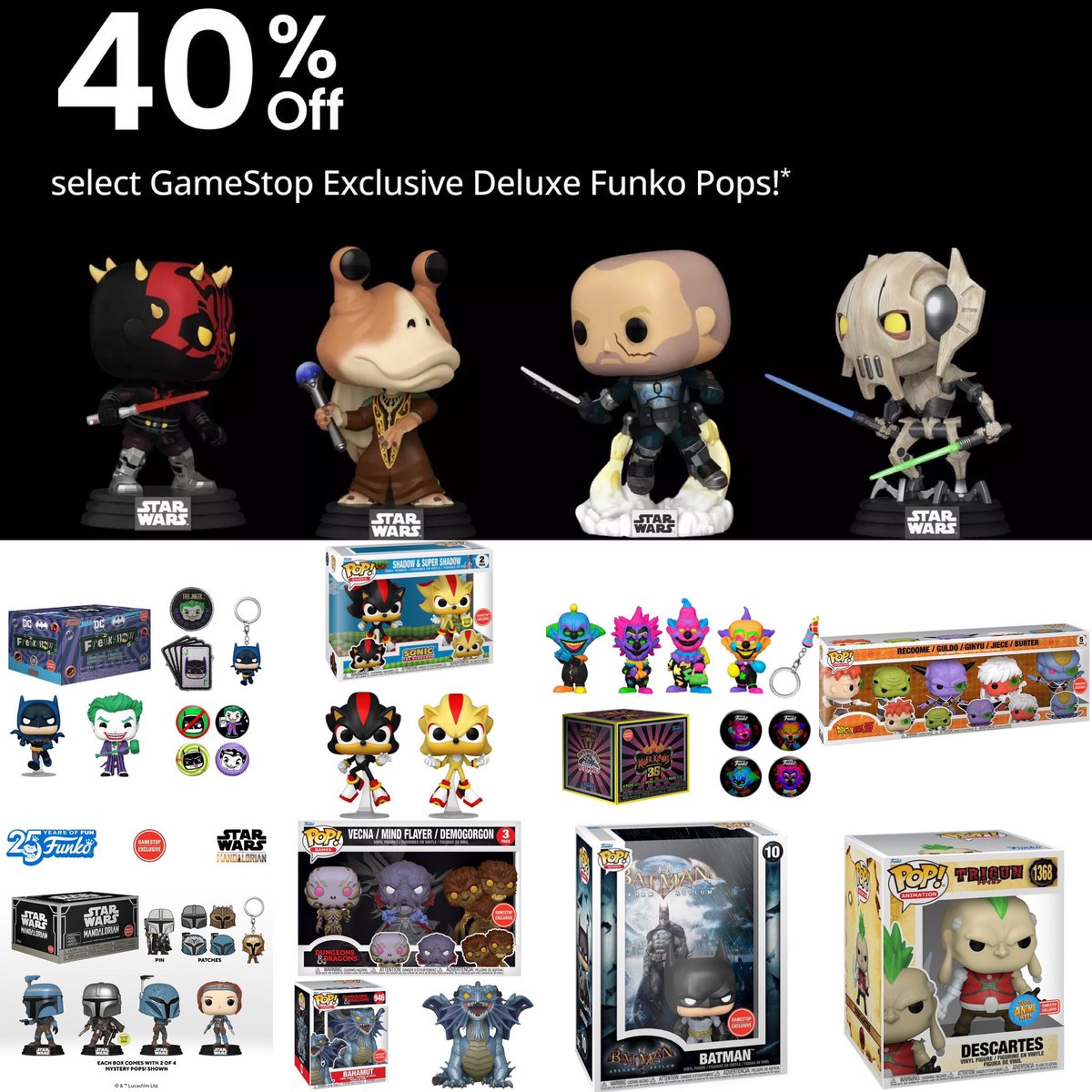 Deal 🚨- Select GameStop exclusives are 40% off!
#Ad #StarWars #DC #DnD #DBZ
.
distracker.info/3wibKap
.
#Funko #FunkoPop #FunkoPopVinyl #Pop #PopVinyl #Collectibles #Collectible #FunkoCollector #FunkoPops #Collector #Toy #Toys #DisTrackers