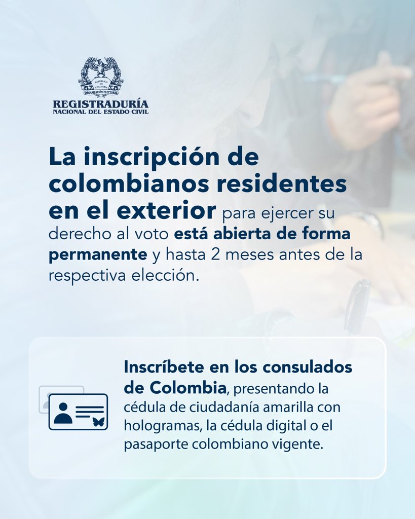 ¿Eres colombiano residente en el exterior? Recuerda que puedes ejercer tu derecho al voto en las elecciones de carácter nacional 🗳️. Realiza el trámite de inscripción desde ya en los consulados colombianos 🇨🇴.