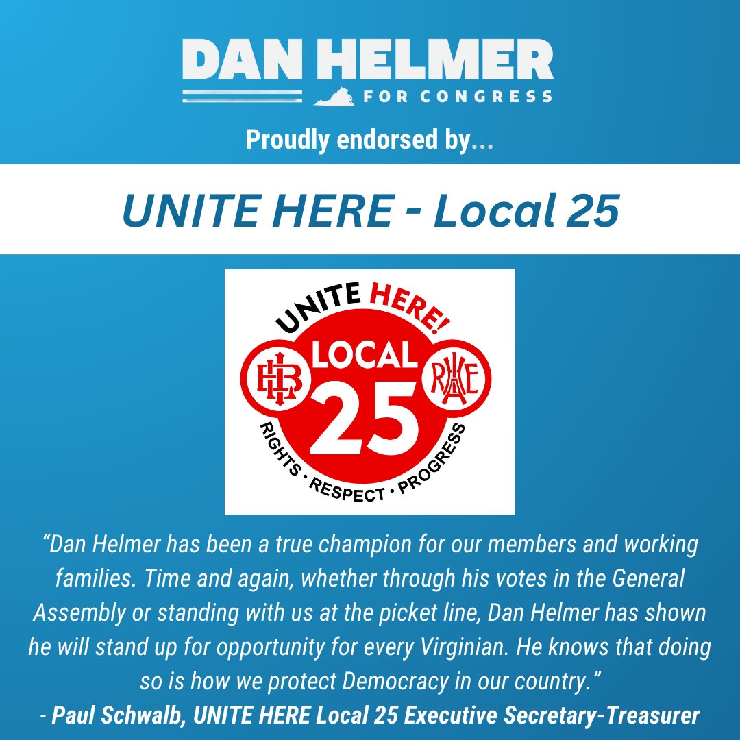 Honored to have UNITE HERE Local 25's endorsement for our campaign to save democracy. Hospitality workers are the lifeblood of our economy, and I'll be their champion in Congress! #VA10