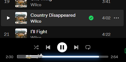 Just noticed this cool Light Saber on Spotify while listening to Wilco's Star Wars. @Wilco @Spotify #starwars #MayTheFourthBeWithYou