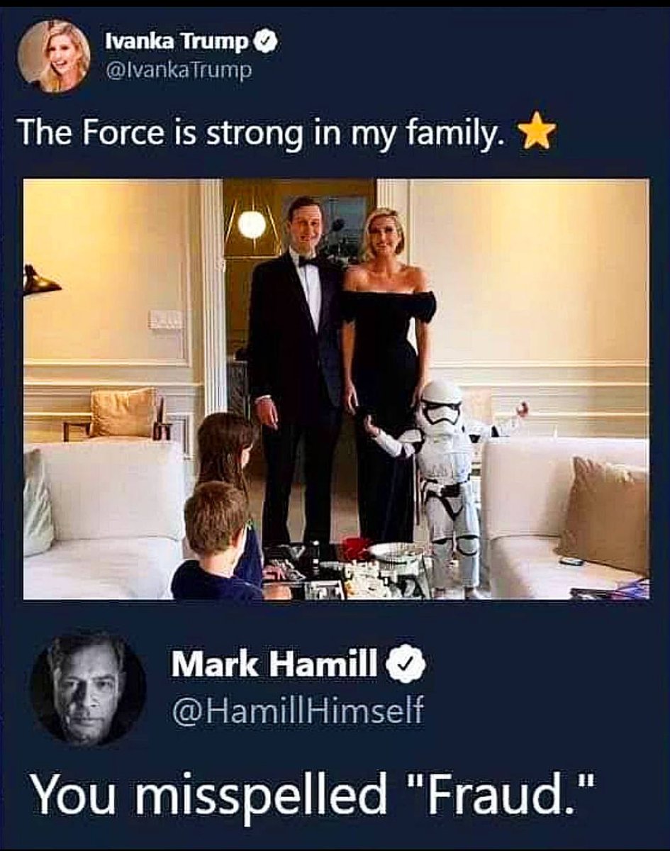 That one time when @MarkHamill replied to Ivanka and we all laughed till we cried. That was a great day! May the force be with you.💫