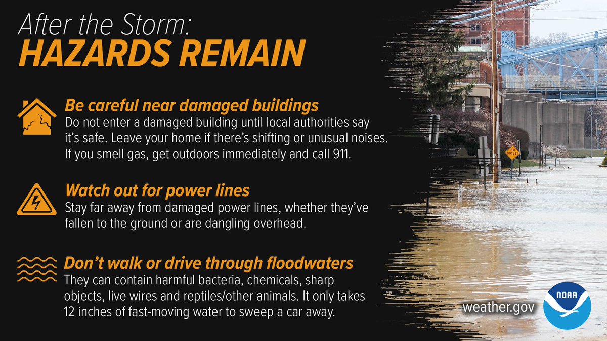 Hurricane dangers remain ever after the skies turn blue. Watch out for downed power lines and damaged buildings. Avoid floodwaters as they can hide a variety of dangers, and never drive through them, as it doesn’t take much to sweep your car away. weather.gov/safety/hurrica…
