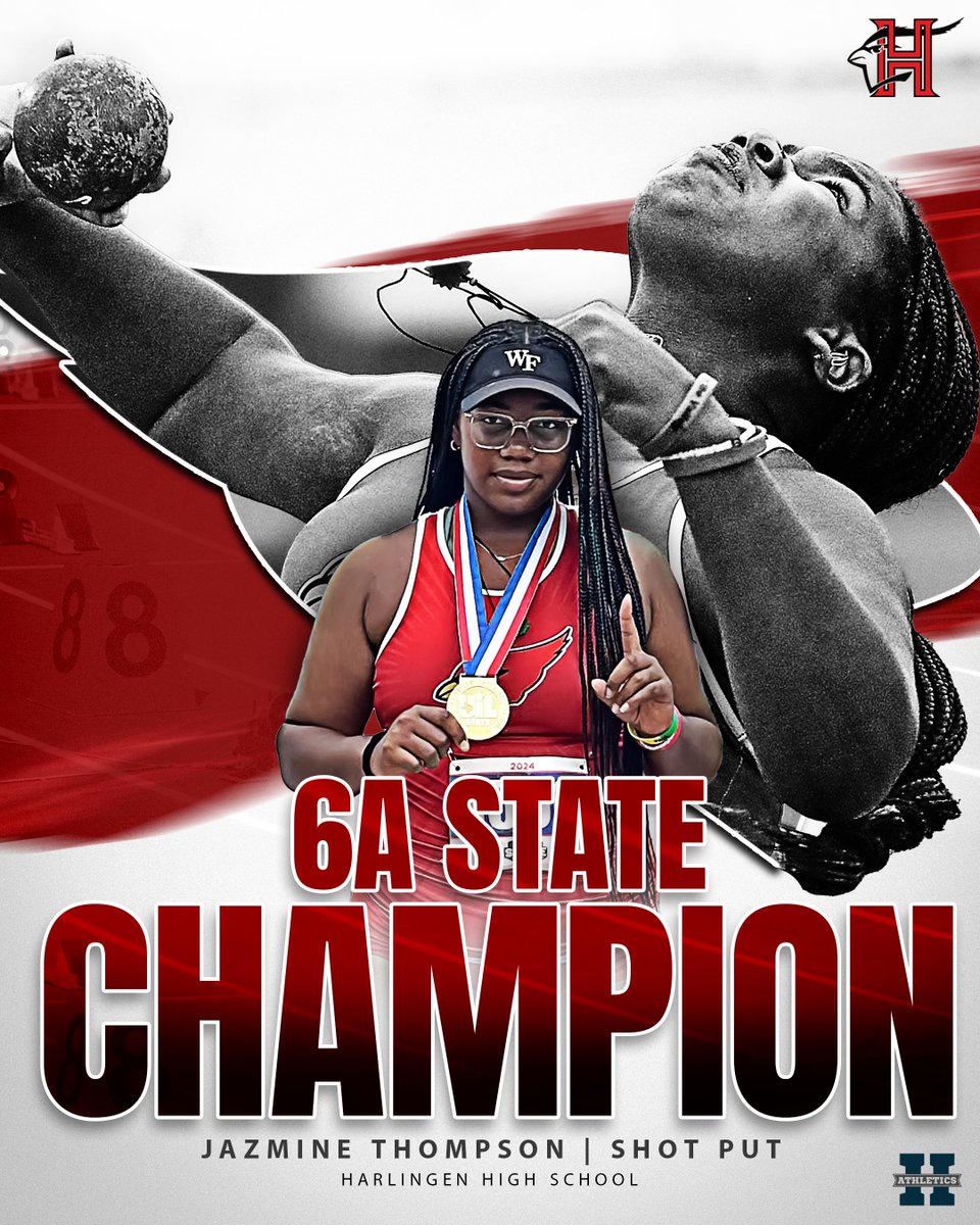 CONGRATULATIONS to Harlingen Lady Cardinal, Jazmine Thompson, for becoming the first-ever female State Champion for Harlingen High School! Thompson capped off an amazing season by setting a new PR and HCISD district record with a distance of 47’8” in the Shot Put.