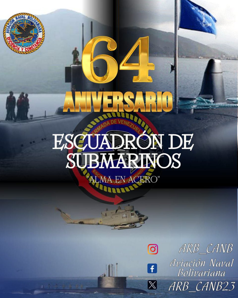📌Hoy #04MAY el <a href="/ARB_CANB23/">Aviacion Naval Bolivariana</a> conmemora los 64 años del Escuadrón de Submarinos adscrito al comando de la Escuadra Bolivariana. Ejerciendo Soberania en nuestra Venezuela Azul. Alma en el Acero! BZ!