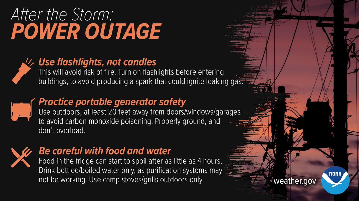 Even after the storm passes, power outages have their own set of hazards. Be especially careful with generators — never use them inside or in garages to avoid carbon monoxide poisoning. Use flashlights, not candles, to avoid risk of fire. weather.gov/safety/hurrica…