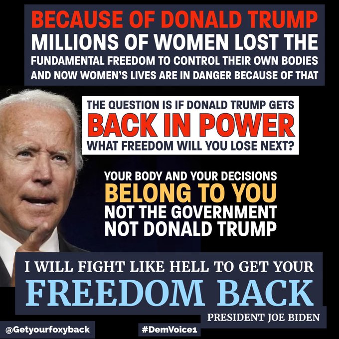 President Joe Biden: “I will Fight Like Hell to get your Freedom Back!” Because of Donald Trump – Millions of Women lost the Fundamental Freedom to Control their own Bodies – and now – Women’s Lives are in Danger! The Question is – if Donald Trump gets back into Power – what…