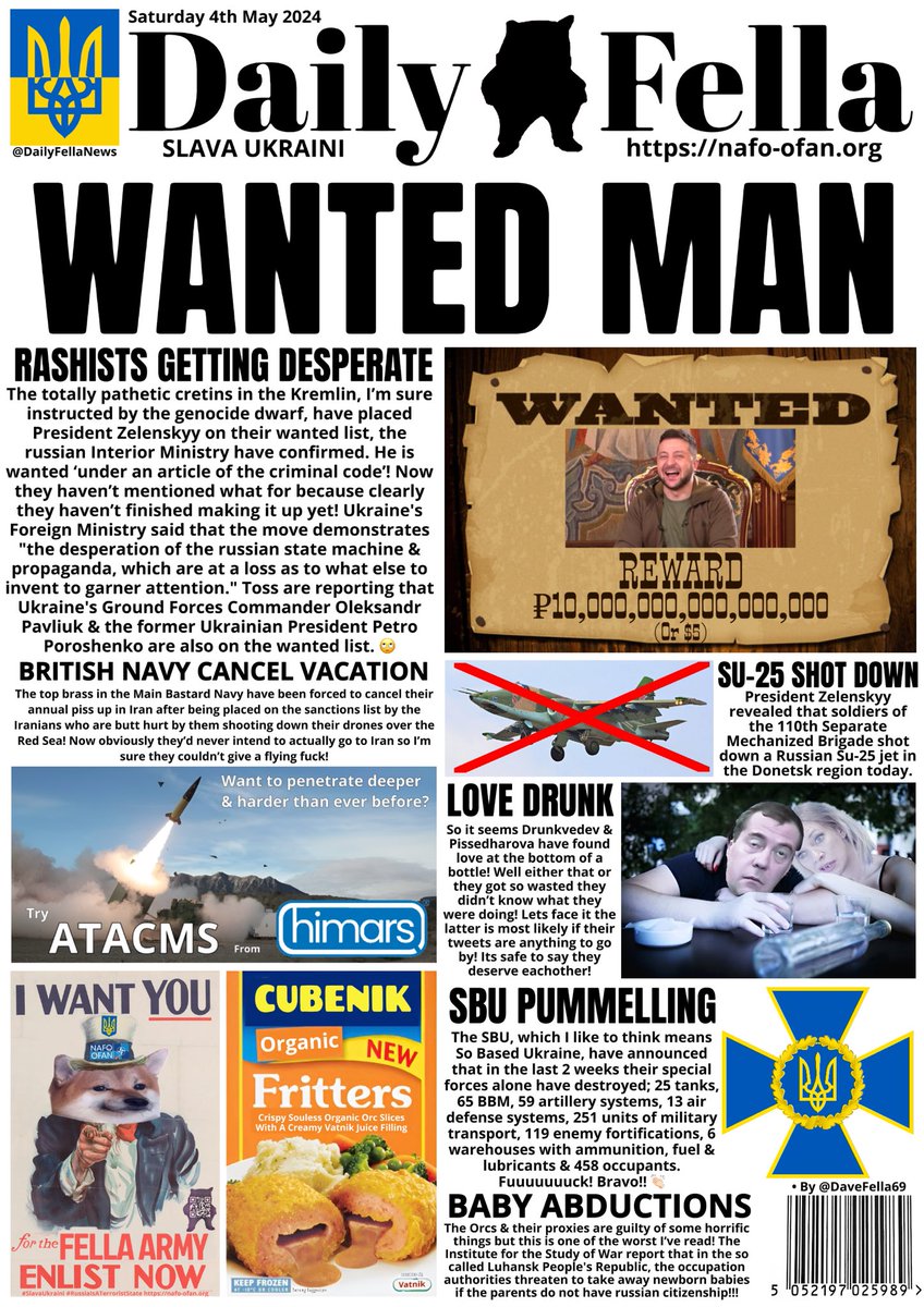 It’s Saturday so grab yourself a drink & read today’s Daily Fella. Read about russia putting Zelenskyy in their wanted list! Also Ukraine shoot down an Su-25 & is love in the air in the Kremlin?! #DailyFella #DailyFellaNews #SlavaUkraini #NAFO