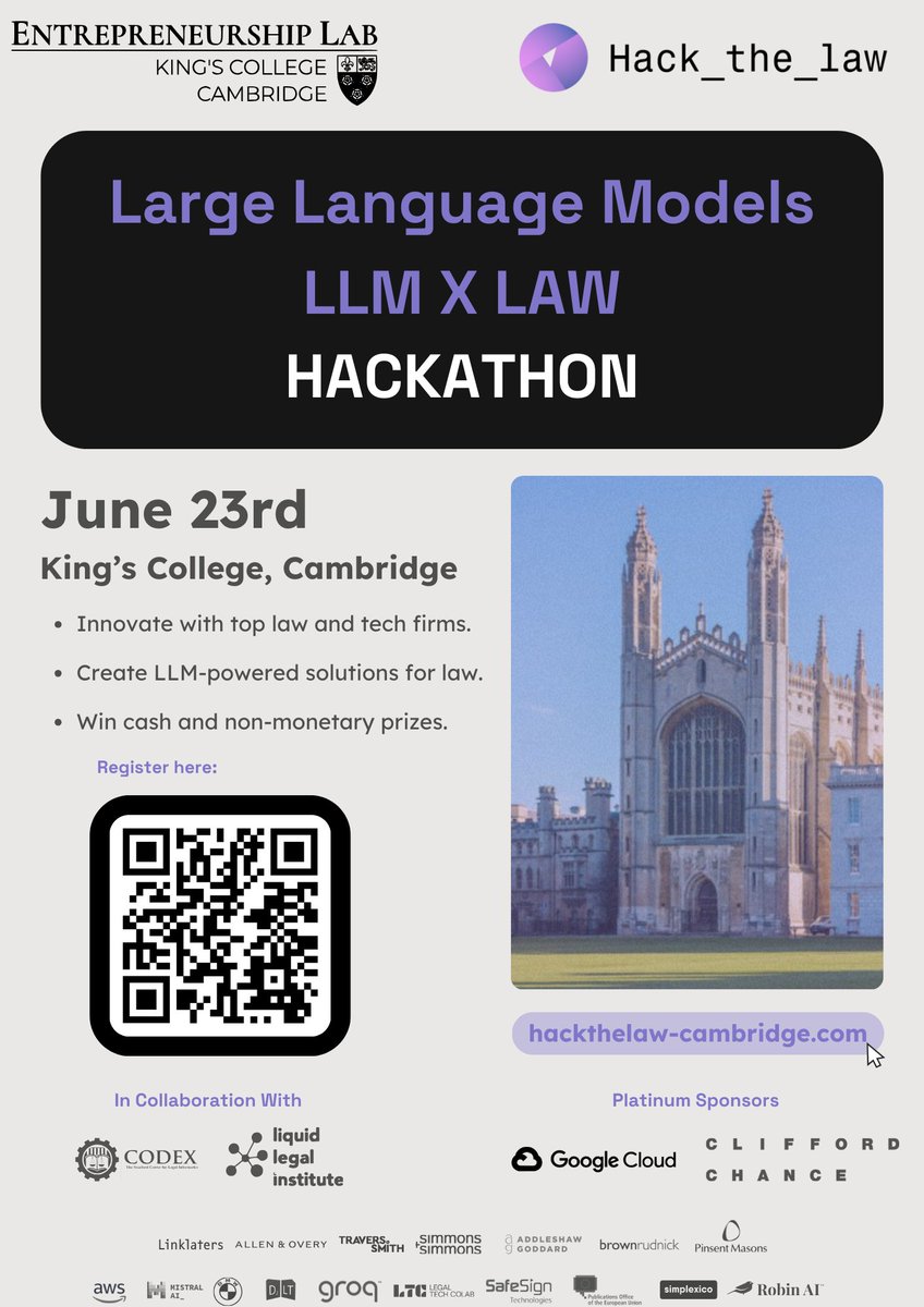 This event also saw the launch of the @KingsELab LLM x Law Hackathon on the 23rd of June (Alan #Turing's birthday), in collaboration with @CodeXStanford and the Liquid Legal Institute. We're inviting students from all fields to apply, and spend a day exploring the overlap of law