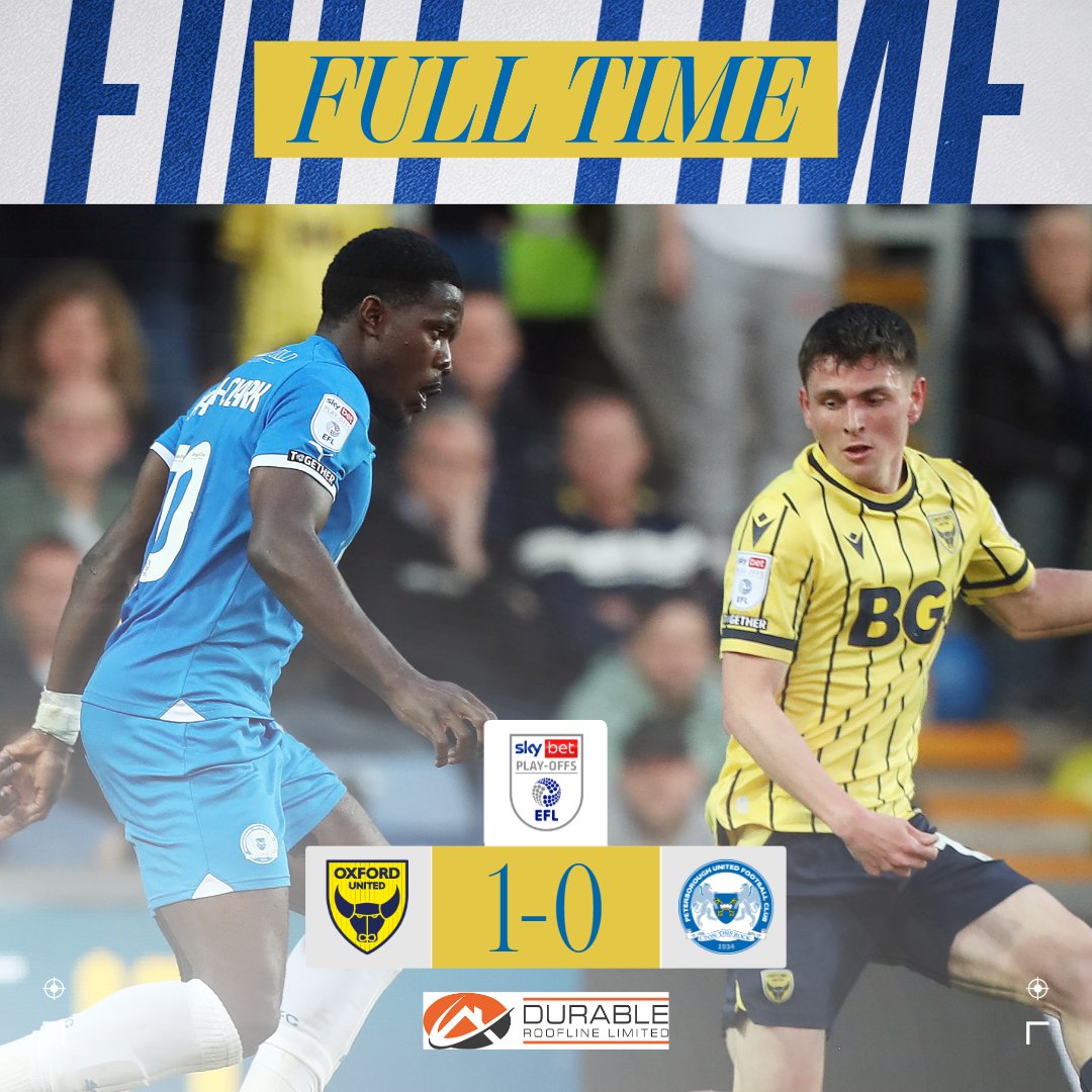 A narrow advantage for Oxford after the first leg at the Kassam Stadium. 

Back to the Weston Homes Stadium on Wednesday evening for the second leg. 

Get your tickets now - we are going to need you!

Full-time brought to you by Durable Roofline.

🟡 1-0 🔵 | #pufc