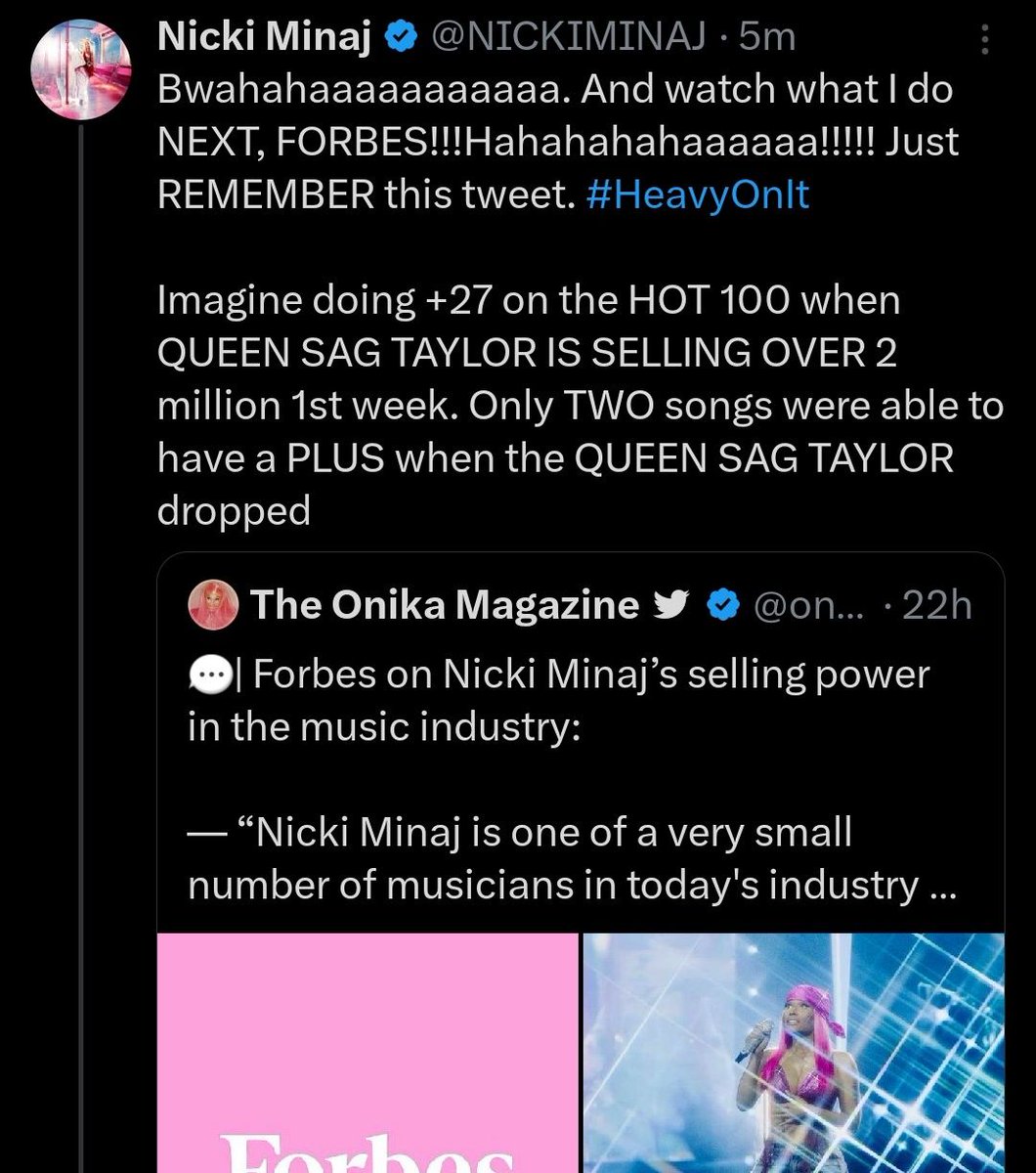 📲| @NickiMinaj praised @TaylorSwift13 while celebrating her own chart success 'Imagine doing +27 on the Hot 100 when Queen Sag Taylor is selling over 2 million 1st week.'