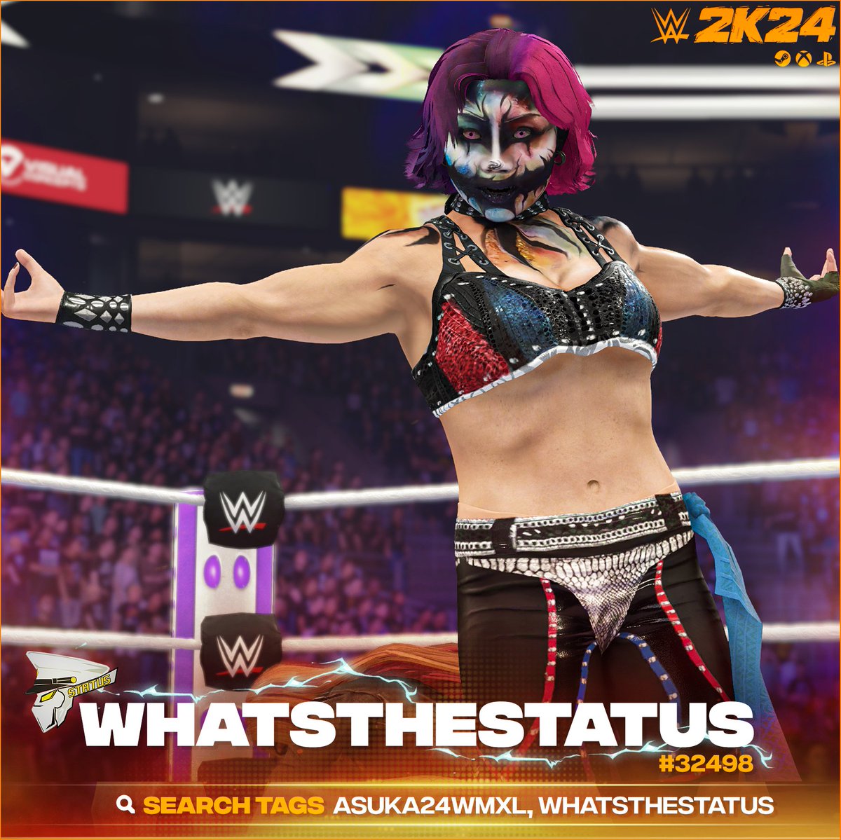 NEW! #WWE2K24 Upload To Community Creations! ★ Asuka '24 @wwe_asuka ★ Search Tag → Asuka24WMXL or WhatsTheStatus ★ Collaboration → @tha_great_muta ★ Support Me → linktr.ee/WhatsTheStatus ★ INCLUDES ● Custom Portrait ● Wrestlemania 40 attire ● Commentary (Asuka) ●…