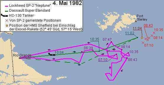 May 4th 1982: A fascinating map (in German, but you can work it out) showing in purple, the route of the Argentine Neptune spotter simulating search & rescue patterns, and in green, the Super Etendards. The British ships are marked by an X.