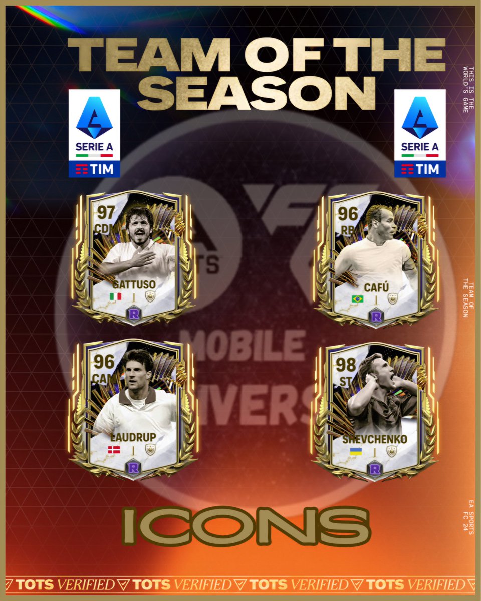 #fc24 #fcmobile #EAFC24 #TOTS #SerieA
🏆Icons who will possibly get a card during TOTS. Serie A special 
How would you feel about these?
Which one would you go for Shevchenko one of my Fav of all time so would be him..... How about you? Which one of these is your favourite?…