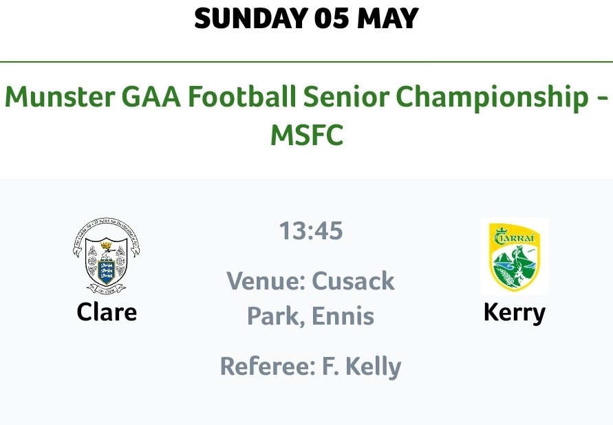 The very best of luck to Jack O'Connor and his Kerry Senior Football Team when they play Clare in the Munster Final at 1.45pm, Sunday in Cusack Park, Ennis. Especially our own Tom O'Sullivan, Barry Dan O'Sullivan, Paul Geaney and Selector Diarmuid Murphy. Beir bua agus beannacht!