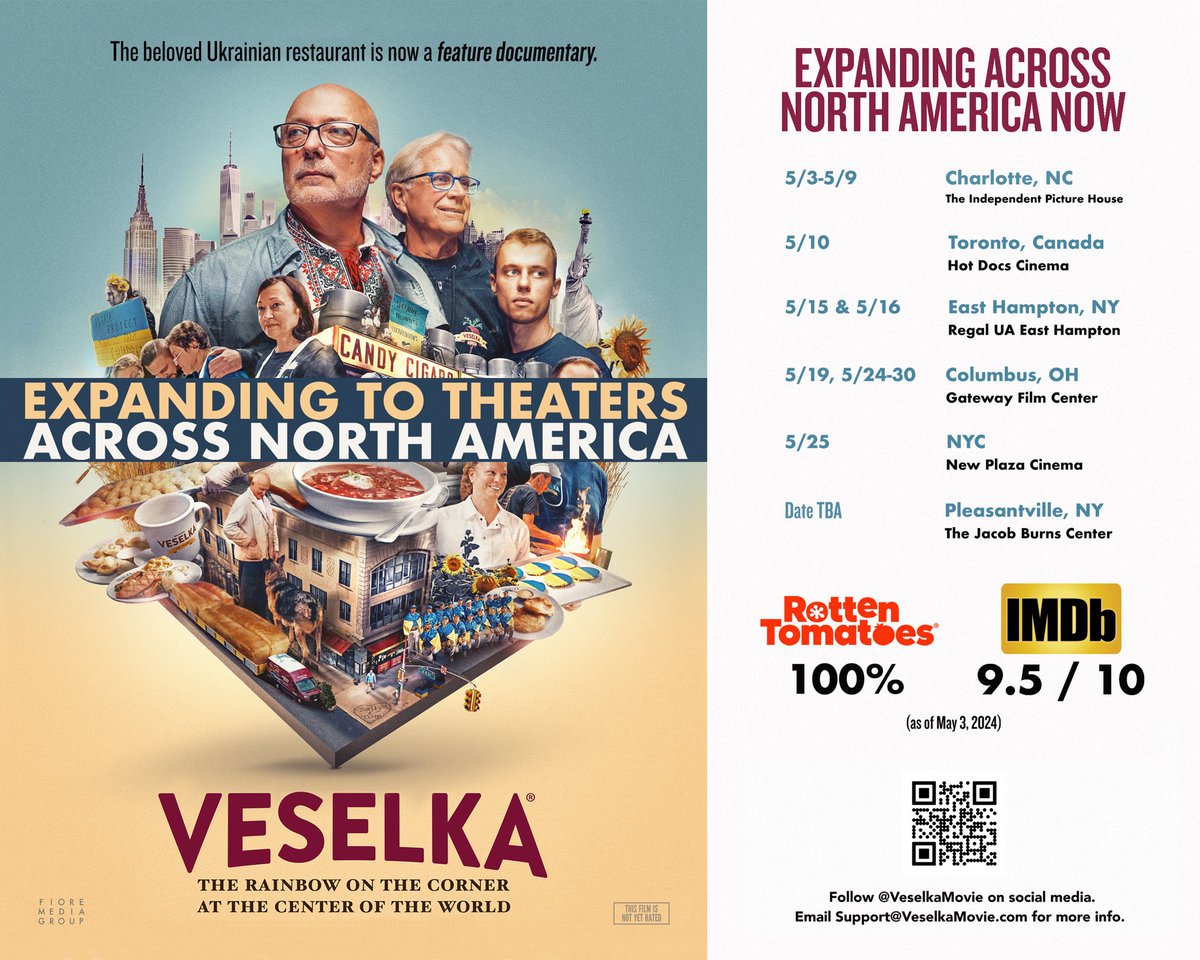 New @VeselkaMovie screenings announced with more cities being added! Narrated by @davidduchovny, see the documentary about the beloved NYC Ukrainian restaurant @veselkanyc in theaters across North America in May!