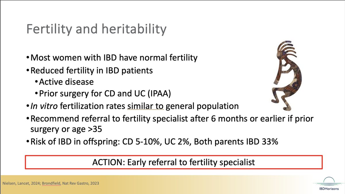 #IBDHorizons24 @ElisaBodenIBDMD #WomensHealth 🧬Pts overestimate #IBD risk in offspring - many choose childless Vaginal delivery👍GI bacterial colonization Breastfeeding may ⬇️offspring's risk 📆Trimester visits 🩸lab monitoring (CRP, calprotectin) 💊meds continuation advised