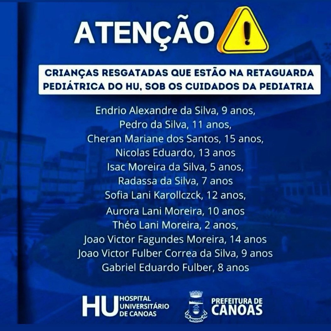 Estas crianças estão sob os cuidados do hospital do município de Canoas, na região metropolitana de POA. Compartilhe para ajudar a chegar até os familiares.