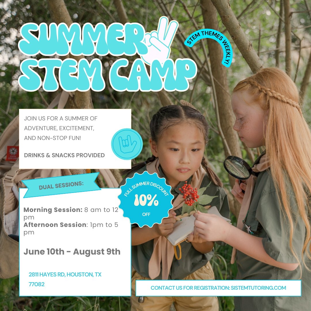 SiSTEM summer camp is now enrolling! ☀️ We offer both morning & afternoon sessions (or both!) to fit all schedules. If you enroll for the entire summer or with a sibling, enjoy 10% off!!

#summercap #houstonsummercamp #summertutoring #houstontutoring