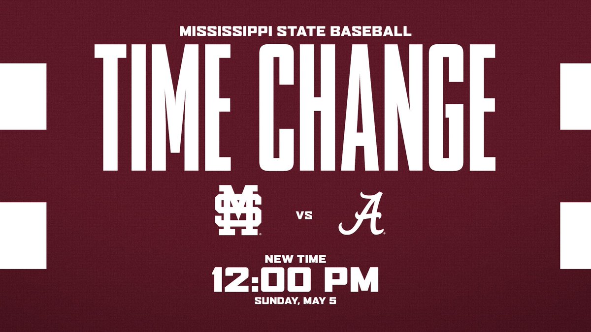 🚨Time Change🚨

Sunday’s contest against Alabama has been moved to a 12 p.m. start due to potential weather. See y’all at The Dude. 

#HailState🐶