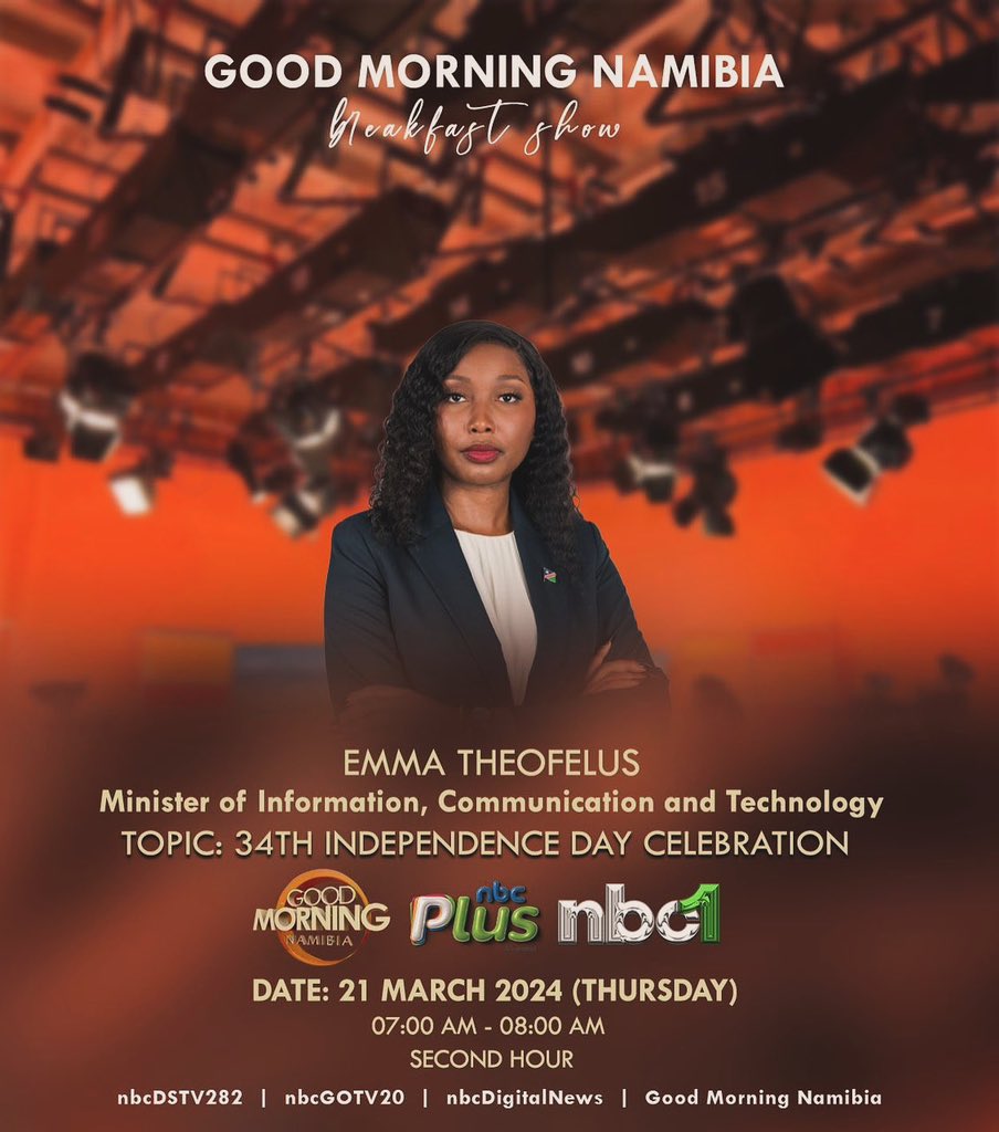 📍Good Morning Namibia Show 
⏱️ 07h00 - 08h00
📆 21 March 2024 (Independence Day Namibia