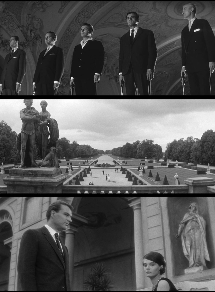 LAST YEAR AT MARIENBAD (61) At palatial hotel, a strange relationship btwn unnamed man & possibly-married woman open to interpretation. Ornately-trimmed, meticulously-designed French film, possibly a singular experience, underlined w/tragedy. One absorbs it rather than enjoys it.