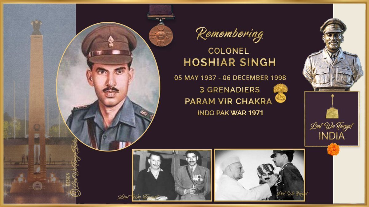 Remembering a legendary #BravestOfTheBrave on his  Birth Anniversary today  

#LestWeForgetIndia🇮🇳 Col Hoshiar Singh, Param Vir Chakra 3 GRENADIERS, born #OnThisDay - 05 May 1937

At the Battle of Basantar, during #IndoPakWar1971 the gallant #IndianBrave led his troops to victory