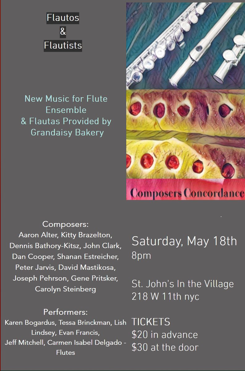 If you want to hear my new piece 'Scintillational Ethics' for six flutes and also meet me with my scintillating personality, please come to the CompCord 'Flautos and Flautists' event in NYC on May 18, 8pm, St John's in the Village, 218 W 11th.