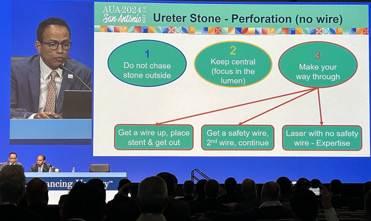 Cristal clear road map from Kurshid Ghani ⁦@peepeeDoctor⁩ for ureter perforation when treating a stone. Be aware of your limits ⁦@AmerUrological⁩ ⁦@YAUEndourology⁩