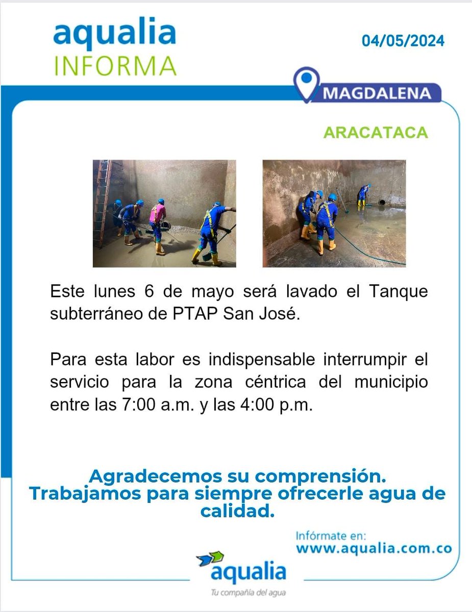 #AqualiaCol_Informa 🇨🇴 | 4 de mayo #Magdalena 📣 Infórmate aquí con nuestro último aviso para #Aracataca.

#AqualiaColombia