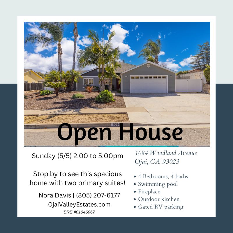 Ojai Open House Sunday, May 5!

When: Sunday (5/5) 2:00-5:00

Where: 1084 Woodland Avenue in Ojai 

Who: Hosted by Nora Davis & The Davis Group

#ojai #realestate #openhouses #openhouse #openhousesunday #ojairealestate #ojairealtor