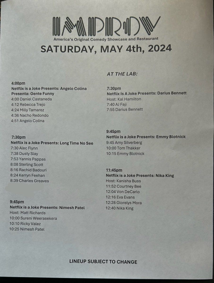 Set times tonight for Night 3 of The @NetflixIsAJoke Fest at The Improv! Get the last tickets for @LTNSComedy & The Lab shows now at improv.com/hollywood or arrive early and buy at the door! #hollywoodimprov #comedy