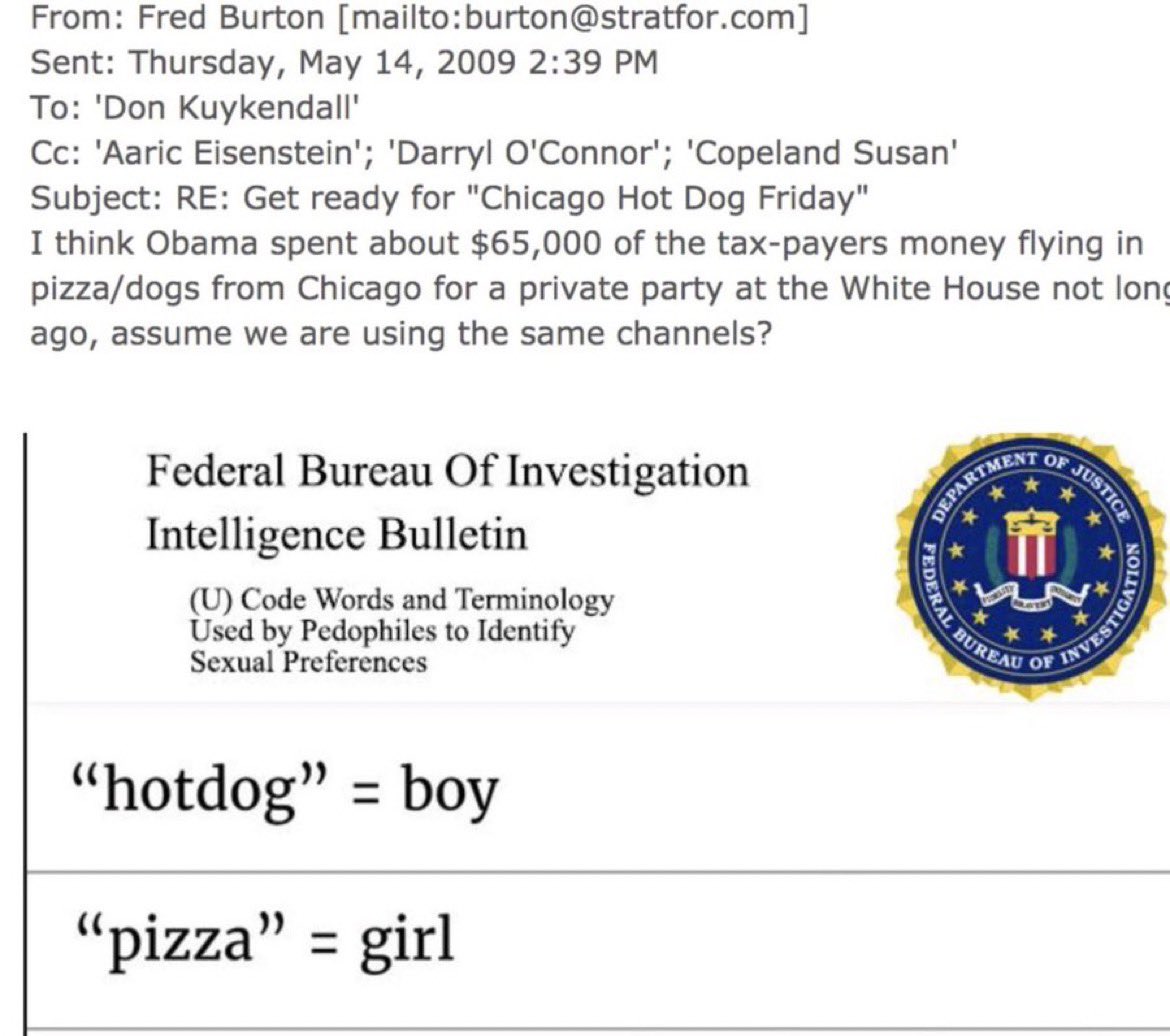 Fred Burton email leaks revealed that on May 14, 2009, President Obama spent $65,000 of tax-payers money flying in pizza/hotdogs from Chicago to a private party at the White House. Conspiracy theorists pointed out that hotdog = boy and pizza = girl in the pedophilia communities.