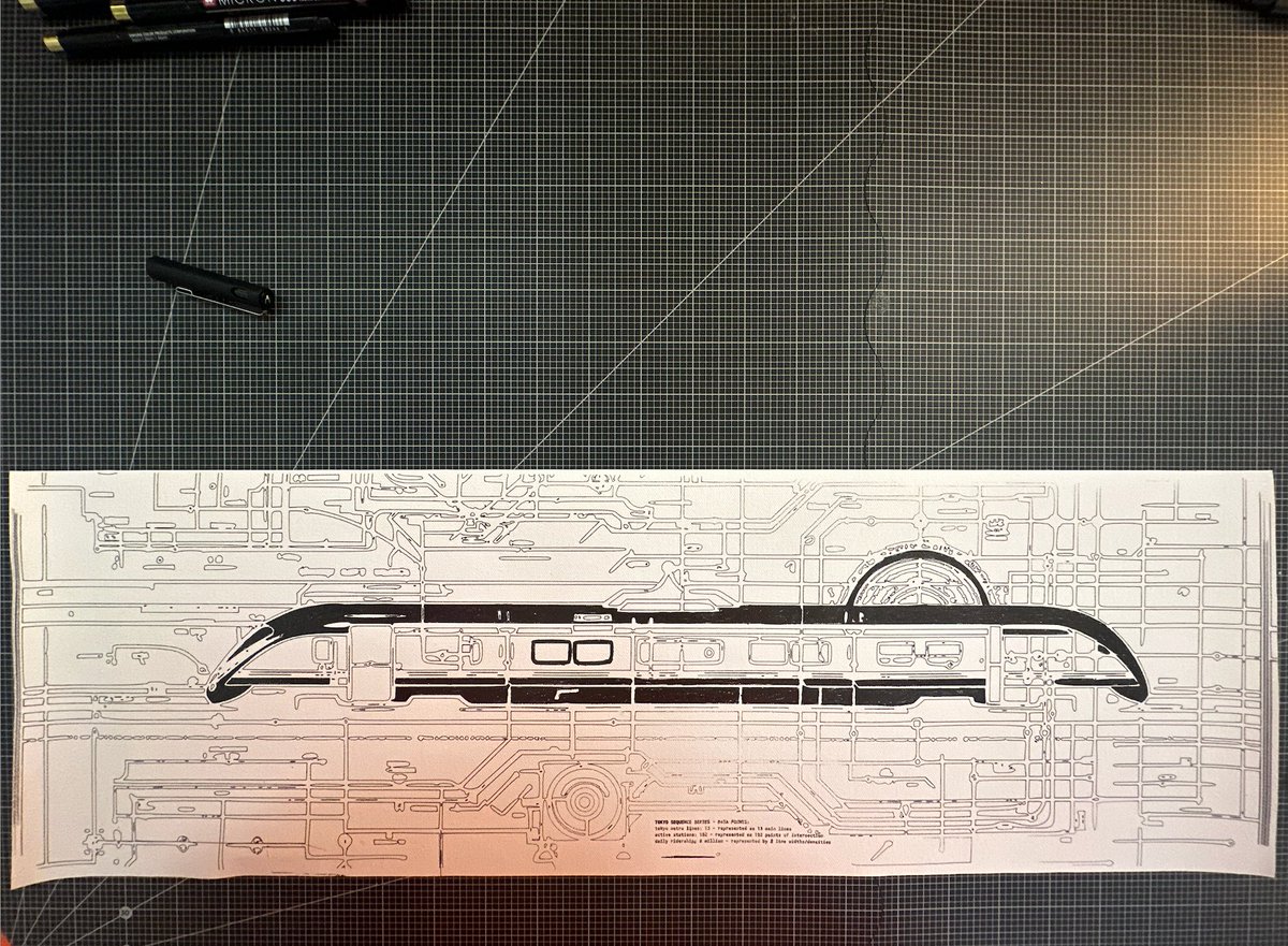 Ai + randomization + plotter 
Testing on canvas

tokyo sequence series
152 intersecting points = 152 active stations
8M daily riders = 8 key line widths
13 lines extending through tokyo = 13 main paths/lines

#plotter #art #dataart