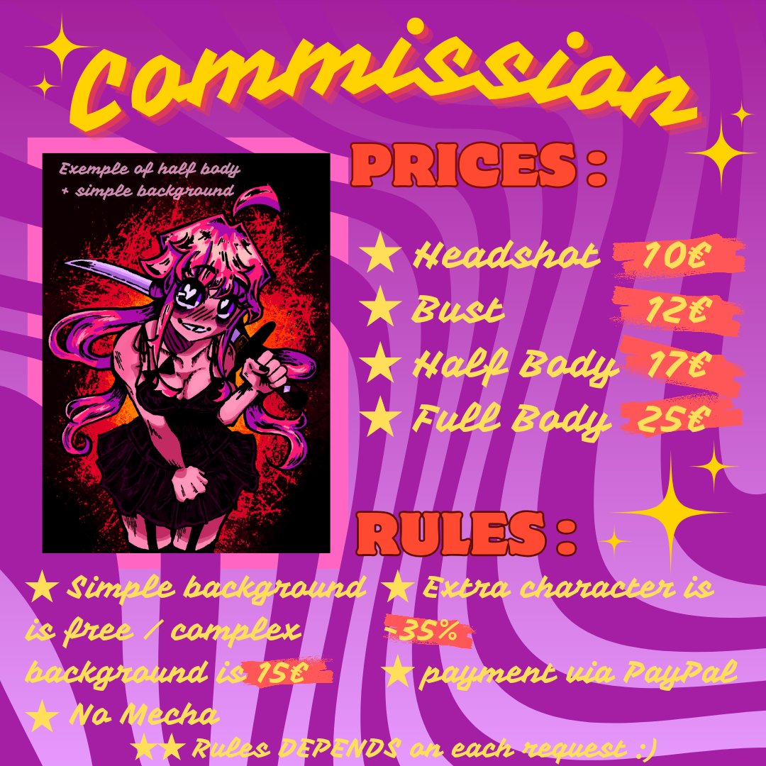 My Commissions are open so here is my sheet~ 🧚‍♀️✨️

Don't hesitate to come ask me any questions, I don't bite 🎀
I do digital and traditional ☄️ 

#commissionsopen #opencommission #commission #fanart #commissionsheet