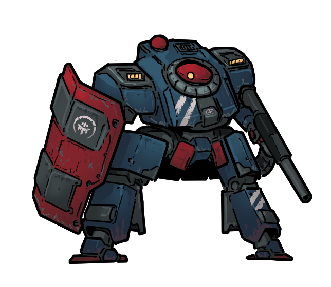 Vestan Sovereignty bastion-pattern combat frame. Heavily armoured and able to shield allies with its raw bulk. This specific model has been further enhanced with a 'deathcounter' energy shield capable of entirely dissipating incoming attacks.